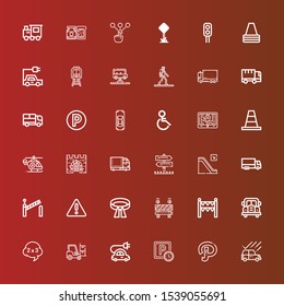 Editable 36 traffic icons for web and mobile. Set of traffic included icons line Car, Path, Parking, Electric car, Forklift, Problem, Bus, Gate, Barrier, Belt, Warning on red