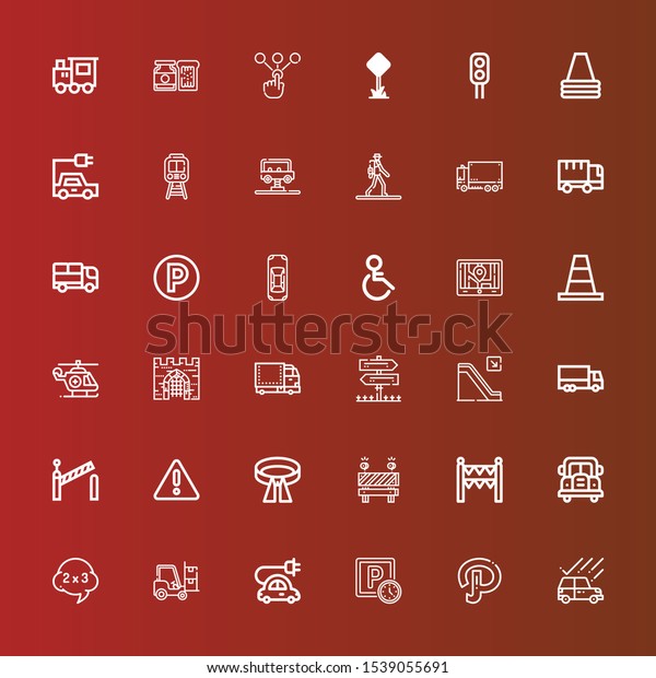 Editable 36 traffic\
icons for web and mobile. Set of traffic included icons line Car,\
Path, Parking, Electric car, Forklift, Problem, Bus, Gate, Barrier,\
Belt, Warning on red