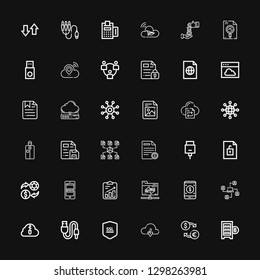 Editable 36 transfer icons for web and mobile. Set of transfer included icons line Digital currency, Exchange, Cloud, Ssl, Usb, Zip cloud, Network, Payment method on black background