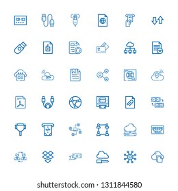 Editable 36 transfer icons for web and mobile. Set of transfer included icons line File, Network, Cloud, Money transfer, Dropbox, Exchange, Vga, Cloud server on white background