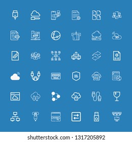 Editable 36 transfer icons for web and mobile. Set of transfer included icons line Network, Usb, Transfer, Payment method, Hdmi port, Fragile, Usb cable, Cloud on blue background