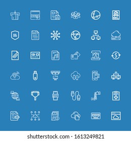 Editable 36 transfer icons for web and mobile. Set of transfer included icons line Cloud, Vga, File, Loan, Usb cable, Online payment, Cable, Network, Payment method on blue background