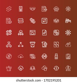 Bearbeitbar 36 Transfersymbole für Web und Mobile. Set der Übertragung enthalten Symbole der Linie Cloud, Devisen, Datei, Exchange, ATM, Usb, Währung, Transfer, Netzwerk, Sicherheitssicherung auf Rot