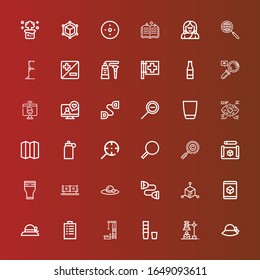 Editable 36 transparent icons for web and mobile. Set of transparent included icons line Pamela, Chemical, Glass, Gym station, Padnote, Cube, Chest expander, Tube, Magnifying glass on red