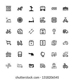 Editable 36 transport icons for web and mobile. Set of transport included icons line Van, Delivery man, Caravan, Map, Airplane, Car, Forklift, Globe, Helicopter on white background