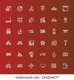 Editable 36 transport icons for web and mobile. Set of transport included icons line Box, Carriage, Zeppelin, Aeroplane, Delivery truck, Ice cream truck, Jam, Package, Car on red