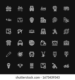 Editable 36 transport icons for web and mobile. Set of transport included icons line Bike, Wheelchair, Package, Bus ticket, Piston, Hot air balloon, Parking on black background