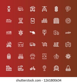 Editable 36 transportation icons for web and mobile. Set of transportation included icons line Cone, Vehicle, Logistics, Bicycle, Electric car, Loader, Helm, Trunk, Oil on red