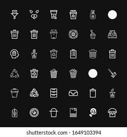 Editable 36 iconos de basura para web y móvil. Conjunto de basura incluida línea de iconos Bucket, Recycling, Delete, Can, Recyclable, Garbage, Bandeja de entrada, Soda can, Basura en fondo negro