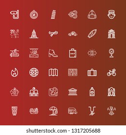 Editable 36 travel icons for web and mobile. Set of travel included icons line Locate, Bicycle, Trailer, Umbrella, Cargo ship, Sun cream, Rocket ship, Pantheon, Map, Waiting room on red