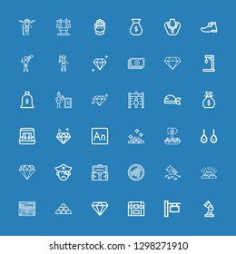 Editable 36 treasure icons for web and mobile. Set of treasure included icons line Pharaoh, Sign, Chest, Diamond, Gold, Treasure, Riches, Pirate, Earrings, Animate on blue background