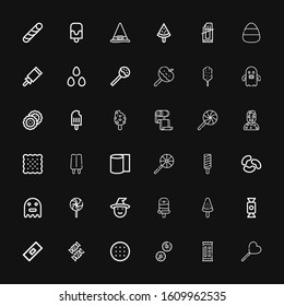 Editable 36 treat icons for web and mobile. Set of treat included icons line Lollipop, Candy, Biscuit, Bandage, Popsicle, Witch, Ghost, Jelly beans, Bandages on black background