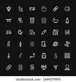 Editable 36 iconos de tratamiento para web y móvil. Conjunto de tratamientos incluidos íconos línea Psicólogo, Veterinario, Mortero, Eye jar, Antibiótico, Plaster, Piletas sobre fondo negro
