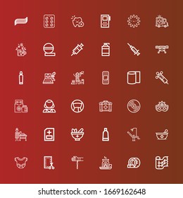 Editable 36 iconos de tratamiento para web y móvil. Conjunto de tratamientos incluidos íconos línea Gauze, Tomografía, aceite esencial, pañuelo, parche, cuerpo, mortero, silla dentista en rojo