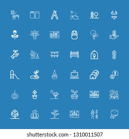 Editable 36 tree icons for web and mobile. Set of tree included icons line Frog, Gardener, Landscape, Tree, Forest, Trees, Plant, Botanical, Swing, Greenhouse on blue background
