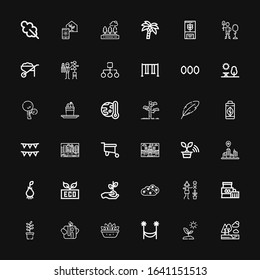 Editable 36 tree icons for web and mobile. Set of tree included icons line Trees, Sprout, Hammock, Fern, Trunk, Plant, Gardener, Bush, Eco, Root, Cityscape on black background