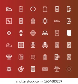 Bearbeitbar 36 trendy Icons für Web und Mobile. Set Set mit trendy Inkonicons Linie Sun, Home, Telefon, Online Banking, Pie-Chart, Shuriken, Smartphone, Telefon, Wig, Helipad auf Rot