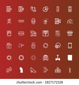 Editable 36 trendy icons for web and mobile. Set of trendy included icons line Milkshake, Smartphone, Shuriken, Shoe, Star, Shoes, Resume, Segway, Wig, Sun, Patch, Pie chart on red