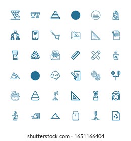 Editable 36 triangle icons for web and mobile. Set of triangle included icons line Recycle, Pyramid, Letter, Prism, Recycling, Native american, Reuse, Set square on white background