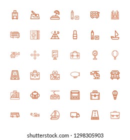 Editable 36 trip icons for web and mobile. Set of trip included icons line Suitcase, Road, Shipping, Yatch, Aeroplane, Bus, Hot air balloon, Briefcase, Bus stop on white background