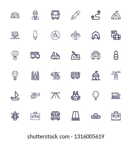 Editable 36 trip icons for web and mobile. Set of trip included icons line Briefcase, Train station, Road, Bus, Suitcase, Lifeboat, Bus stop, Hot air balloon on white background