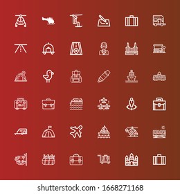 Editable 36 iconos de viaje para web y móvil. Conjunto de viajes incluye íconos de línea Suitcase, Angkor wat, equipaje, Maleta, Maleta, Rafting, Mochila, Autobús, Helicóptero, Barco de vela, Aviación en rojo
