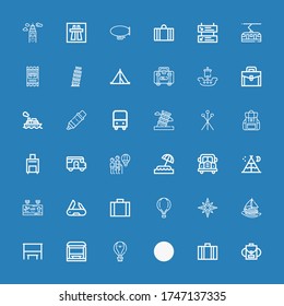 Editable 36 trip icons for web and mobile. Set of trip included icons line Backpack, Suitcase, Tent, Hot air balloon, Bus stop, Sailing boat, Windrose, Swiss army knife on blue background