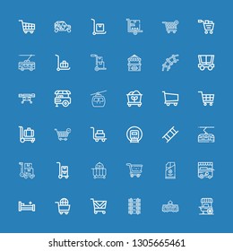 Editable 36 trolley icons for web and mobile. Set of trolley included icons line Food stall, Tram, Railway, Shopping cart, Hospital bed, Ice cream cart, Coal on blue background