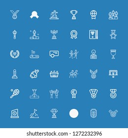 Editable 36 trophy icons for web and mobile. Set of trophy included icons line Medal, Badge, Golf, Trophy, Achievement, Prize, Triumph, Podium, Tennis, Penalty on blue background