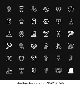 Editable 36 trophy icons for web and mobile. Set of trophy included icons line Trophy, Merit, Medal, Win, Goblet, Laurel, Podium, Competition, Golf, Tennis on black background