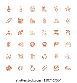 Editable 36 tropical icons for web and mobile. Set of tropical included icons line Crocodile, Aquarium, Surfboard, Orange, Anglerfish, Melon, Coral, Summer on white background