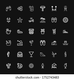 Editable 36 tropical icons for web and mobile. Set of tropical included icons line Cocktail, Sunbed, Cactus, Sea urchin, Juice, Surf board, Martini, Sandals on black background