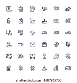 Bearbeitbar 36 LKW-Icons für Web und Mobile. LKW-Set inbegriffen Symbole der Linie Postkarte, Immobilien, Schiff, Schulbus, Verkauf, Lager, Lebensmittelstall, Hypotheken auf weißem Hintergrund