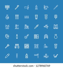 Editable 36 tube icons for web and mobile. Set of tube included icons line Pipe, Binoculars, Sun cream, Lab, Eyedropper, Sun lotion, Toothpaste, Test tubes on blue background
