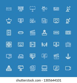 Editable 36 tv icons for web and mobile. Set of tv included icons line Video, Television, Cinema, Billboard, Pixel, Movie, Electronics, Monitor, Tv, Extractor on blue background