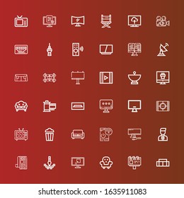 Editable 36 tv icons for web and mobile. Set of tv included icons line Sofa, Billboard, Furniture, Television, Pixel, News, News reporter, Monitor, Remote control, Popcorn on red