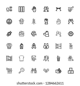 Editable 36 two icons for web and mobile. Set of two included icons line Dice, Hand, Maracas, Couple, Maraca, Talking, Walkie talkie, Dog, Toast, Bunk bed on white background