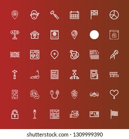 Editable 36 ui icons for web and mobile. Set of ui included icons line Flag, Envelope, Browser, Microphone, Unlock, Heart, Airplane, Placeholder, Plug, Chat bubble, Gps on red