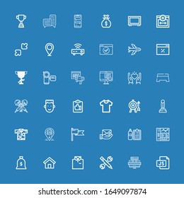 Editable 36 ui icons for web and mobile. Set of ui included icons line Js, Web design, Configuration, Shirt, Home, Money bag, Browser, Check list, Envelope on blue background