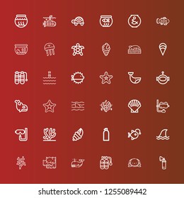 Editable 36 underwater icons for web and mobile. Set of underwater included icons line Oxygen, Turtle, Whale, Seaweed, Coral, Shark, Anglerfish, Seashell, Dive, Snorkel on red