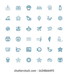 Editable 36 underwater icons for web and mobile. Set of underwater included icons line Fish bowl, Turtle, Starfish, Sea urchin, Jellyfish, Whale, Puffer fish on white background