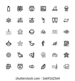 Editable 36 underwater icons for web and mobile. Set of underwater included icons line Seaweed, Diving mask, Seashell, Clown fish, Fish bowl, Oxygen, Turtle on white background