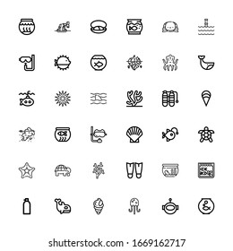 Editable 36 underwater icons for web and mobile. Set of underwater included icons line Fishbowl, Aqualung, Jellyfish, Seashell, Orca, Oxygen, Aquarium, Fins on white background