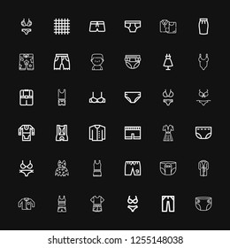 Editable 36 underwear icons for web and mobile. Set of underwear included icons line Diaper, Jeans, Bikini, Clothes, Clothing, Bathrobe, Shorts, Fashion, Short on black background