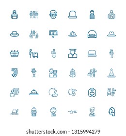 Editable 36 uniform icons for web and mobile. Set of uniform included icons line Student, Blowpipe, Military, Hat, Doorman, Boxing helmet, Helmet, Paintball on white background