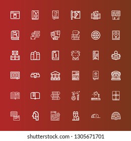 Editable 36 university icons for web and mobile. Set of university included icons line Book, Cap, Owl, Diploma, Student, Study, Chemistry, Books, Library, Bookcase, Courthouse on red