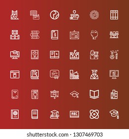 Editable 36 university icons for web and mobile. Set of university included icons line Mortarboard, Physics, Blackboard, Education, Book, Books, Online education, Graduation on red