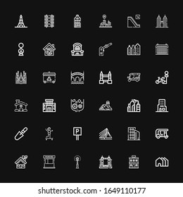 Editable 36 iconos urbanos para web y móvil. Conjunto urbano incluido íconos línea Casas, Hotel, Puente Torre, Puente Lámpara, Estacionamiento, Casa, Tuk tuk, Edificios, Rotterdam sobre fondo negro