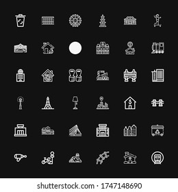 Editable 36 urban icons for web and mobile. Set of urban included icons line Railway, House, Parking, Blaster, Recycling bin, Building, Rotterdam, Mall, Brooklyn bridge on black background