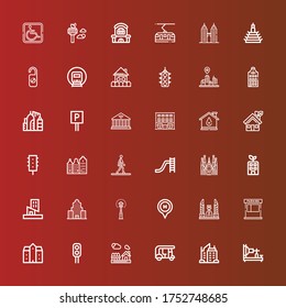 Editable 36 urban icons for web and mobile. Set of urban included icons line Electric telegraph, Skyscraper, Tuk tuk, House, Traffic light, Mansion, Parking, Democracy monument on red